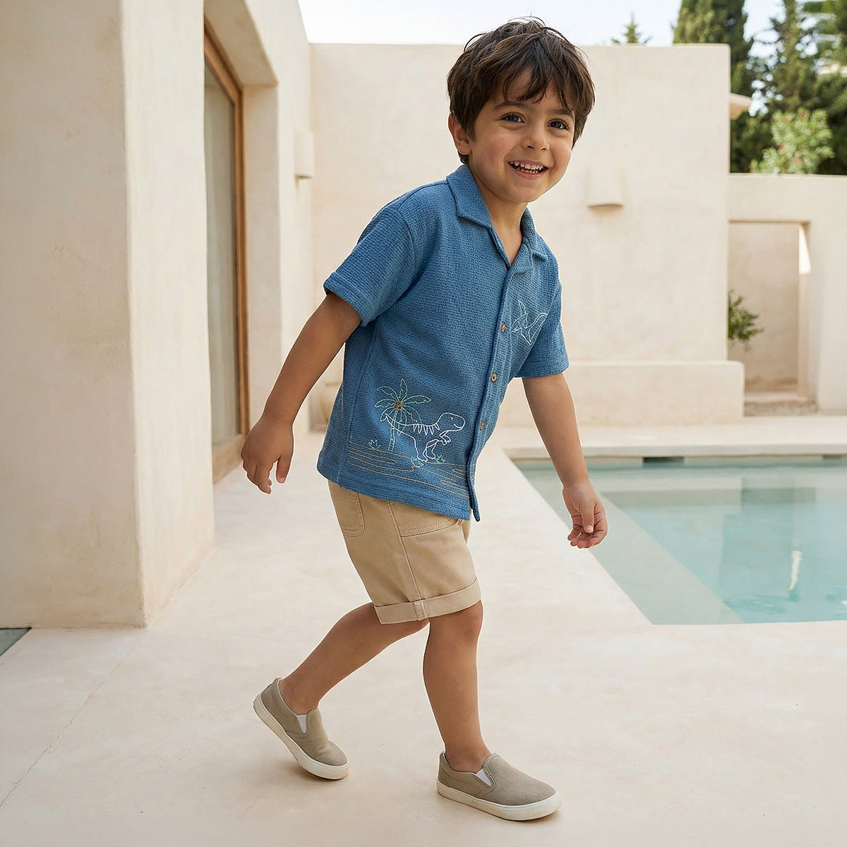Juniors Short Sleeves Shirt with Dinosaur Embroidery
