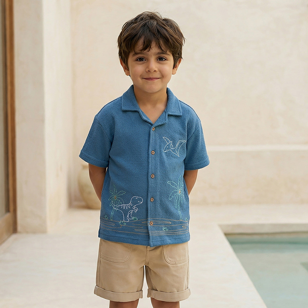 Juniors Short Sleeves Shirt with Dinosaur Embroidery