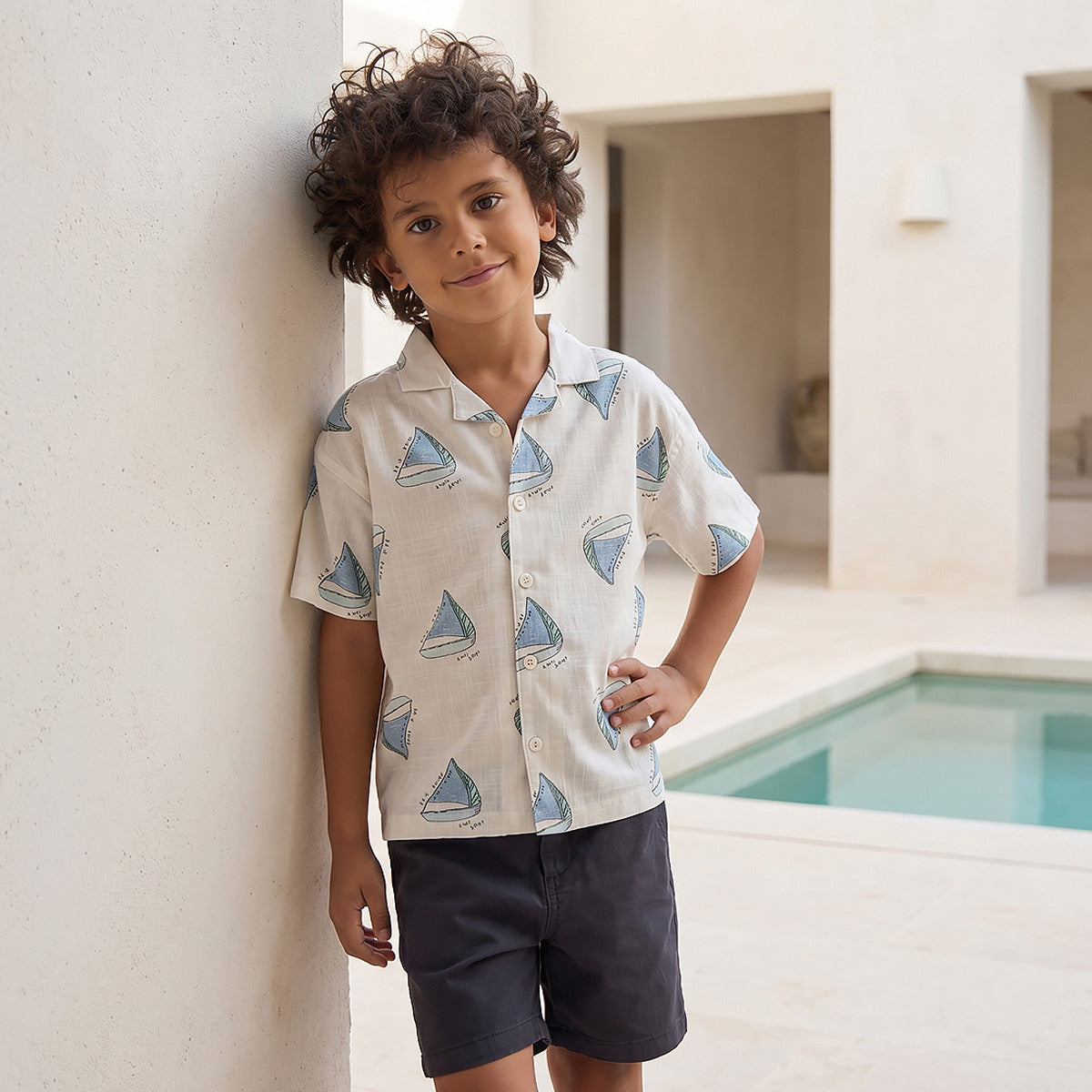 Juniors Short Sleeves Shirt with Sailboat Print - Cream / 1-2 yrs