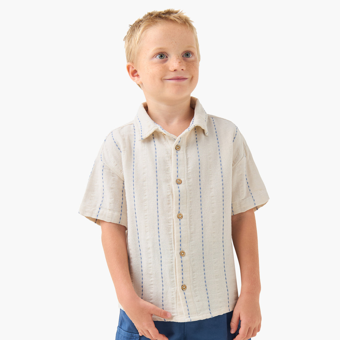 Juniors Short Sleeve Shirt with Stripes - Cream / 1-2 yrs