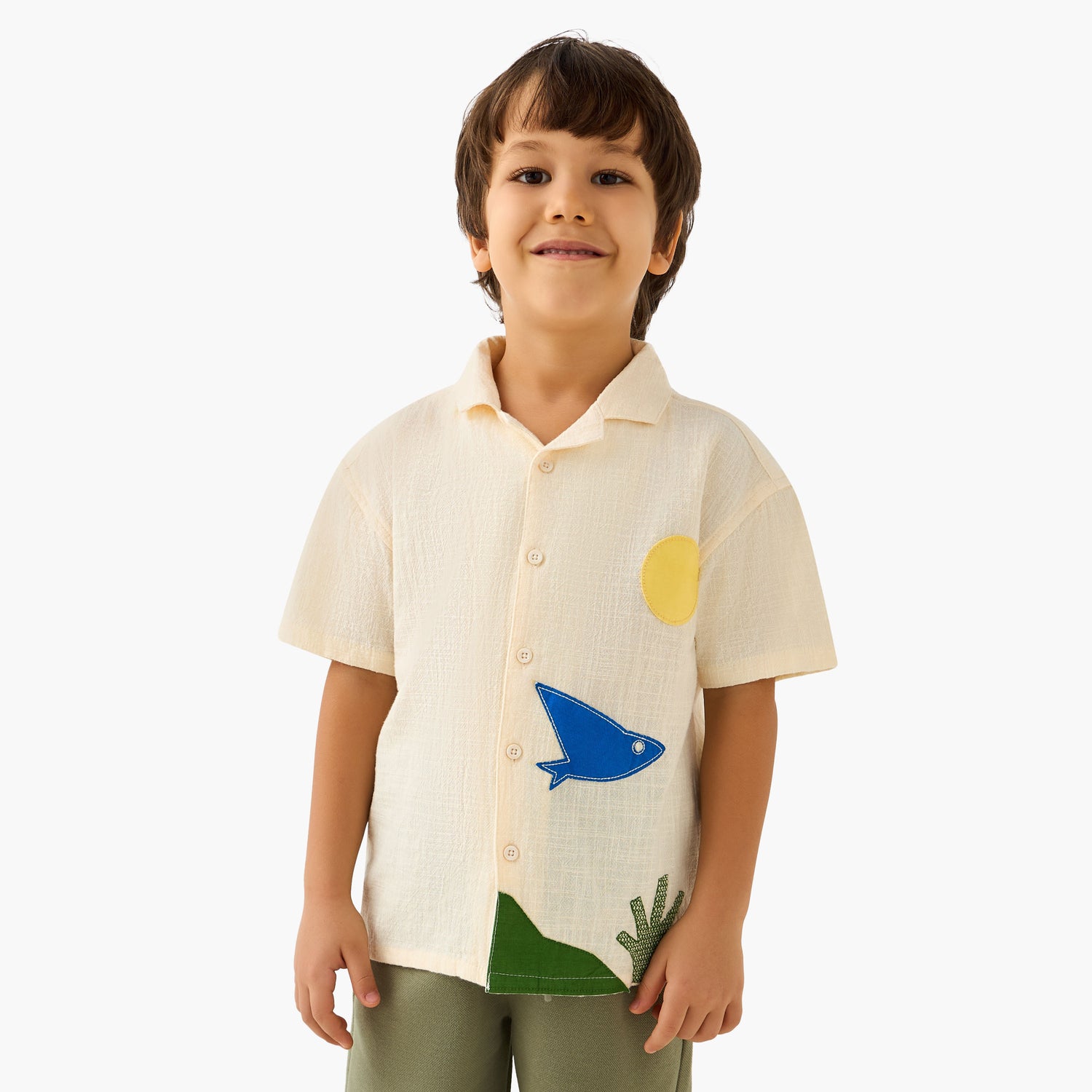 Juniors Short Sleeve Shirt with Applique - Cream / 1-2 yrs