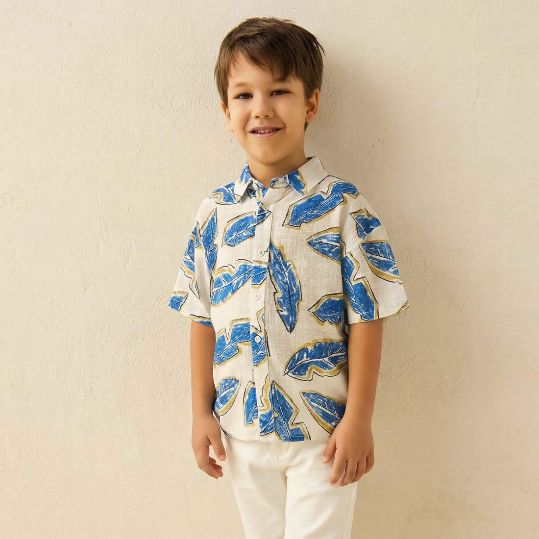 Juniors Short Sleeve Shirt with Leaf Print - Multicolour / 1-2 yrs