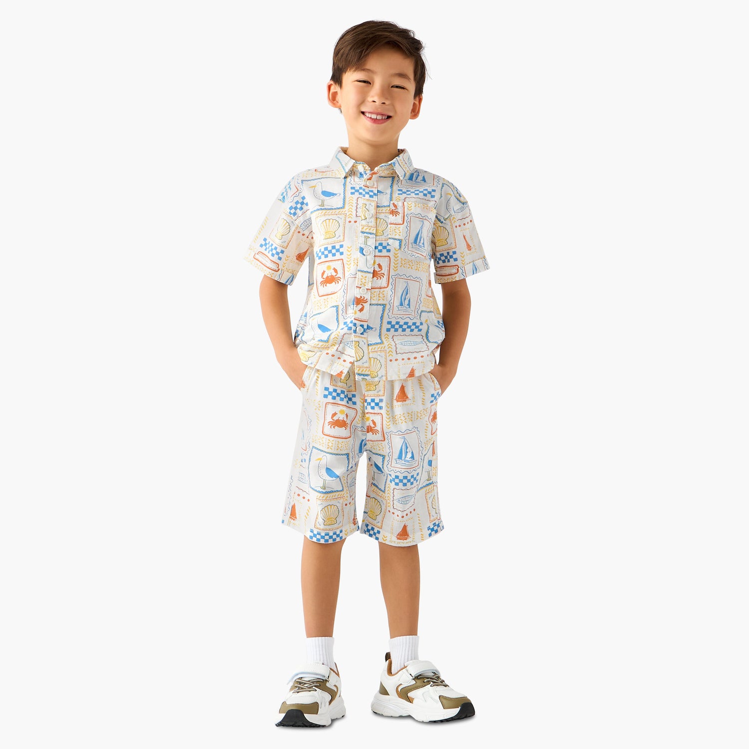 Juniors Collared Short Sleeves Shirt and Shorts Set with Fun Print