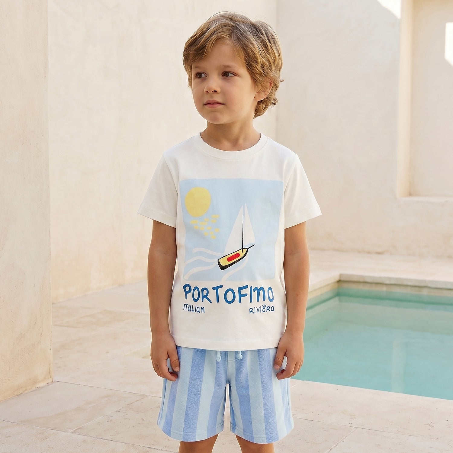 Set of 3 Juniors Crew Neck Short Sleeve T-shirt and Shorts Set with Nautical Print