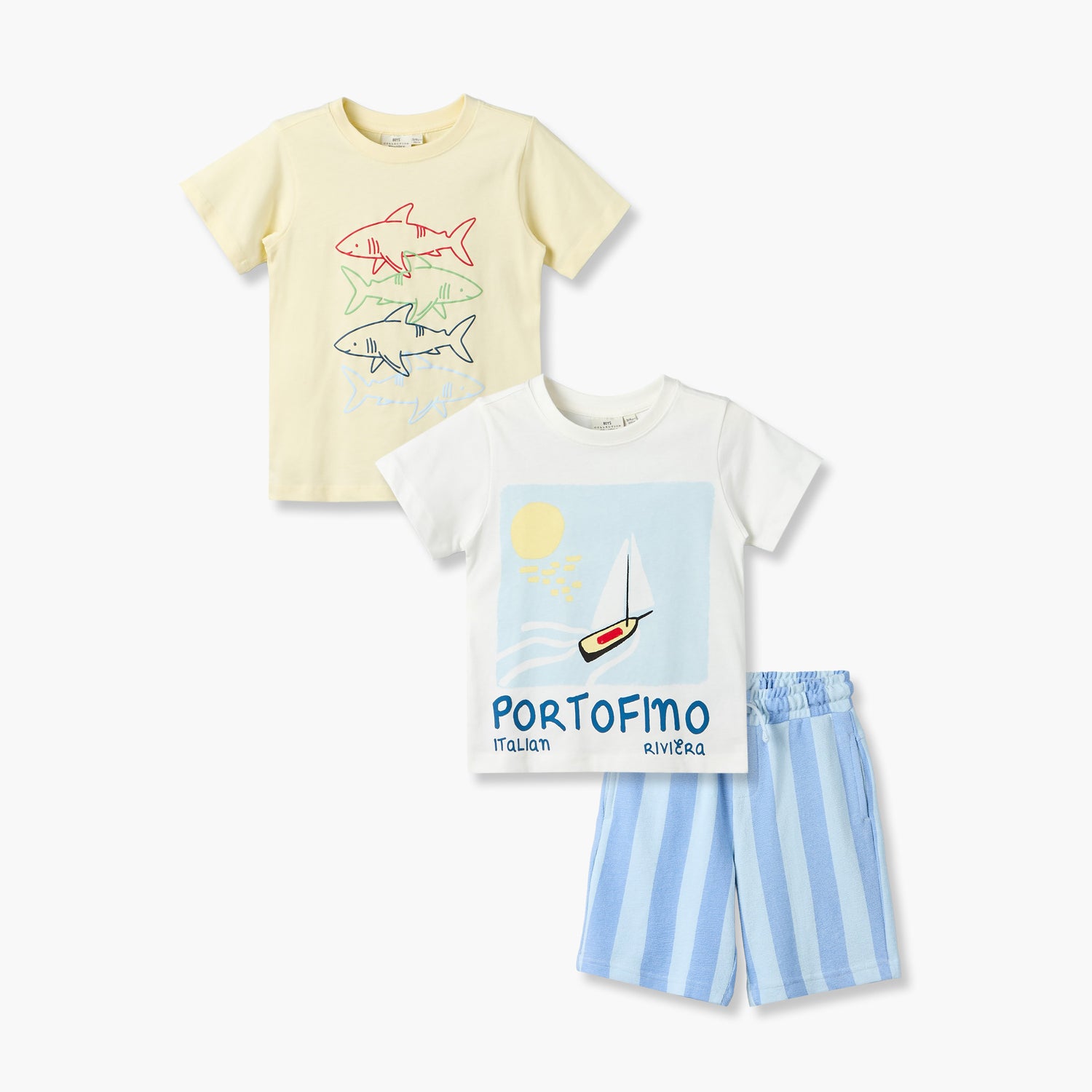 Set of 3 Juniors Crew Neck Short Sleeve T-shirt and Shorts Set with Nautical Print - Multicolour / 4-5 yrs