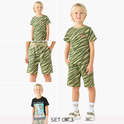 Set of 3 Juniors Crew Neck Short Sleeves T-shirt and Shorts Set with Print