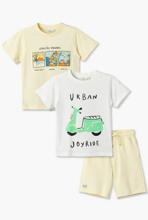 Set of 3 Juniors Crew Neck Short Sleeve T-shirt and Shorts Set with Assorted Print