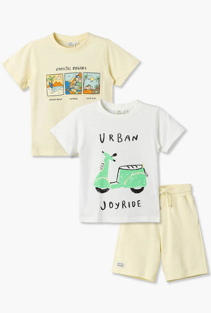 Set of 3 Juniors Crew Neck Short Sleeve T-shirt and Shorts Set with Assorted Print