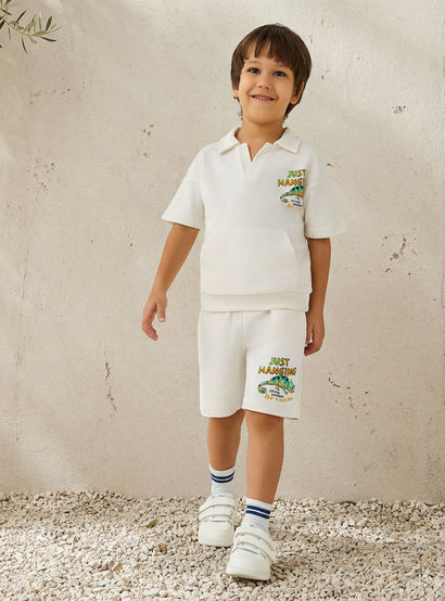 Juniors Collared Neck Short Sleeve Polo T-shirt and Shorts Set with Chameleon Print-boys-clothing-setsandcoords-image-1