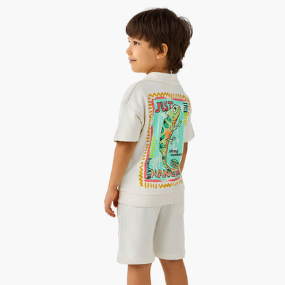 Juniors Collared Neck Short Sleeve Polo T-shirt and Shorts Set with Chameleon Print