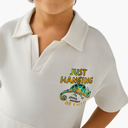 Juniors Collared Neck Short Sleeve Polo T-shirt and Shorts Set with Chameleon Print
