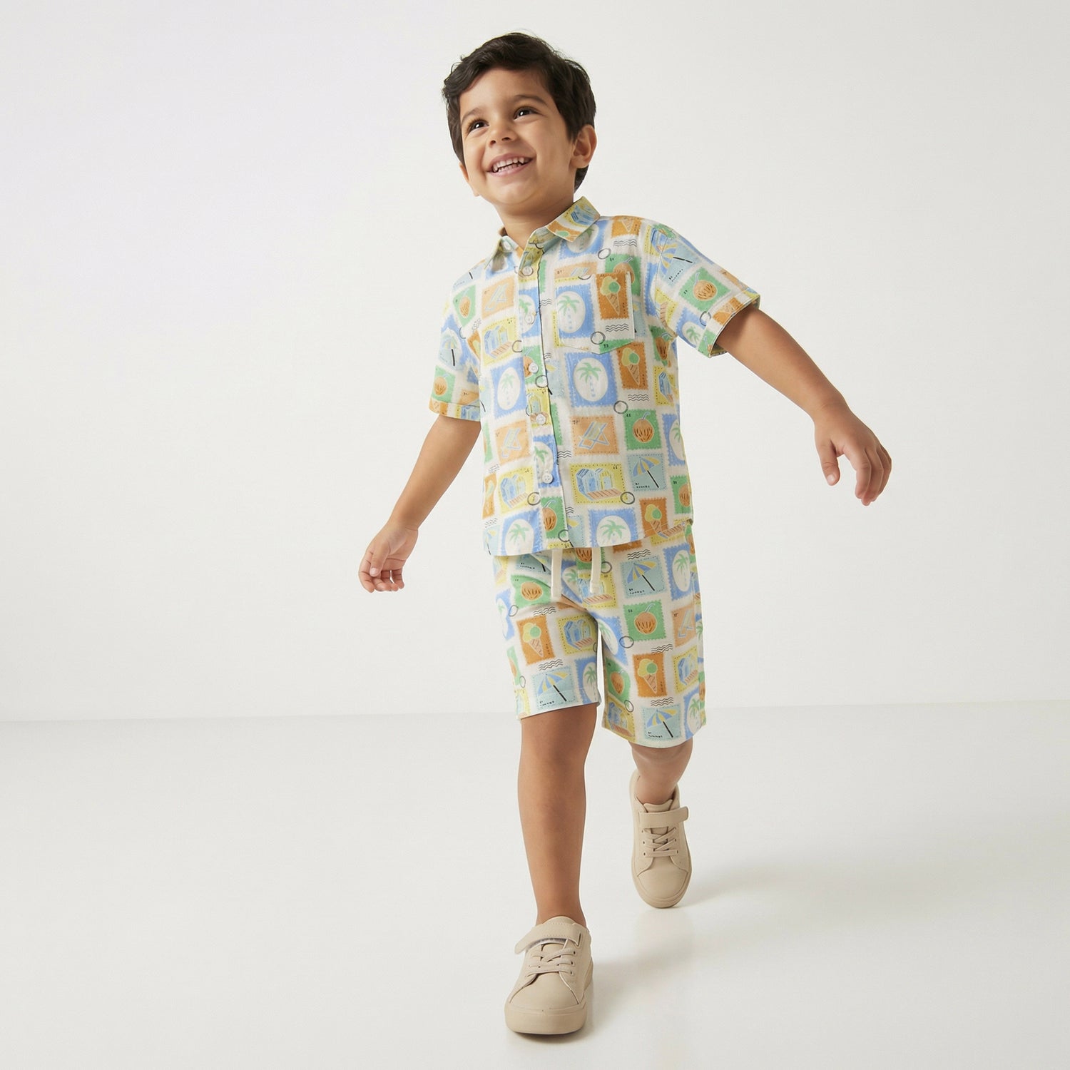Juniors Collared Short Sleeves Shirt and Shorts Set with Tile Print - Multicolour / 1-2 yrs
