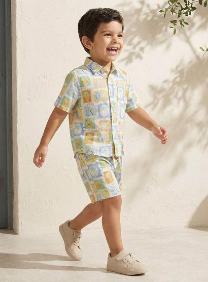 Juniors Collared Short Sleeves Shirt and Shorts Set with Tile Print-boys-clothing-setsandcoords-image-1