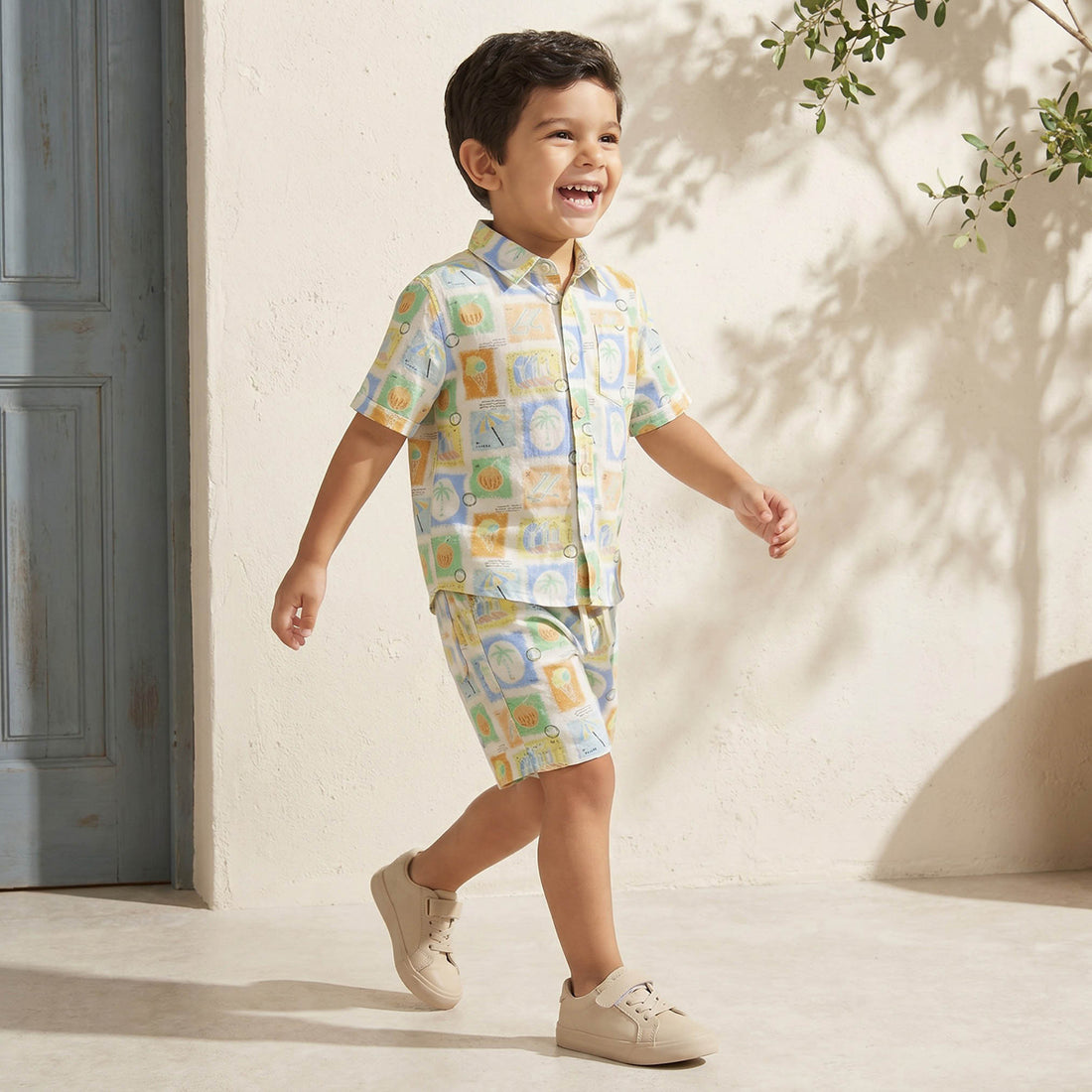 Juniors Collared Short Sleeves Shirt and Shorts Set with Tile Print - Multicolour / 7-8 yrs