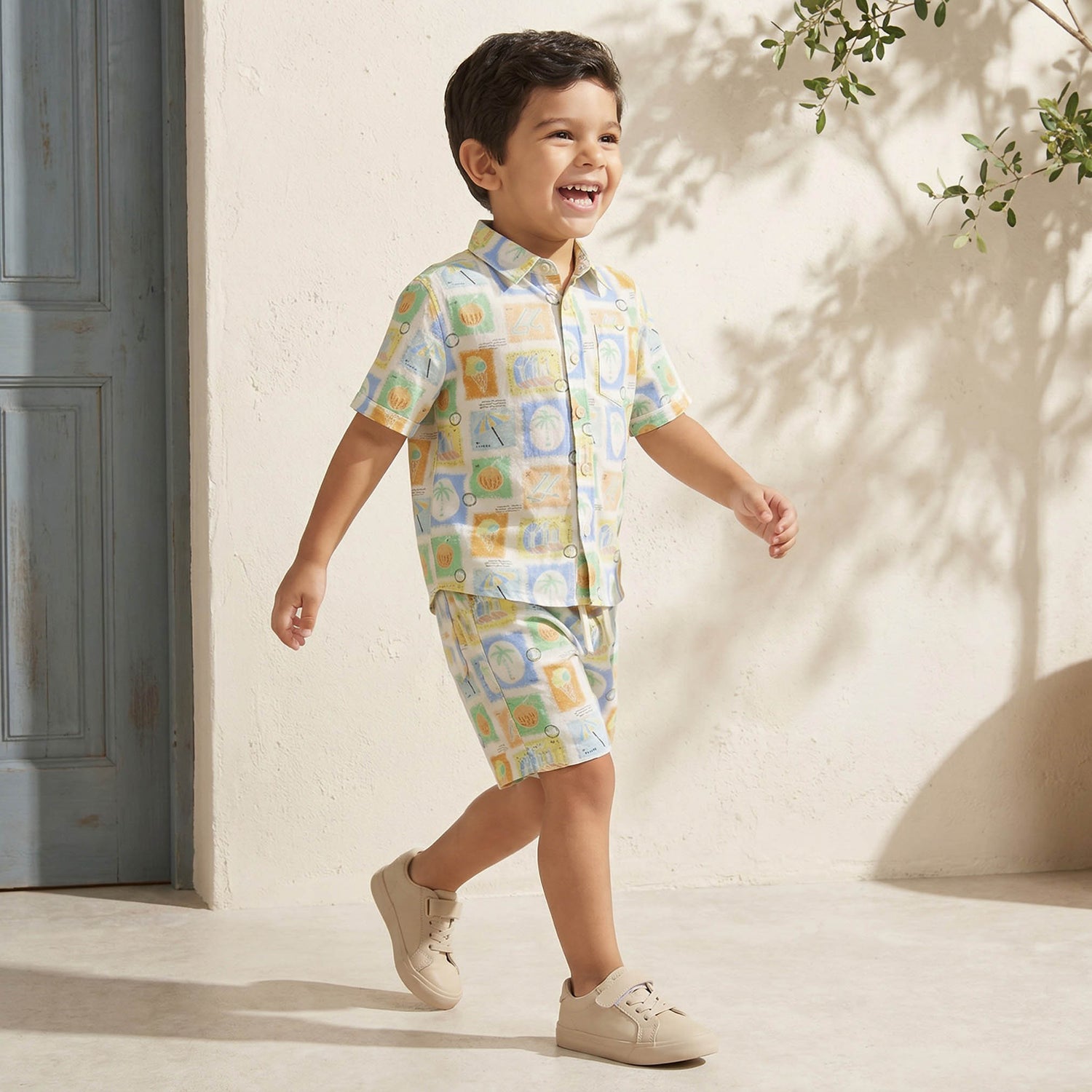 Juniors Collared Short Sleeves Shirt and Shorts Set with Tile Print - Multicolour / 7-8 yrs