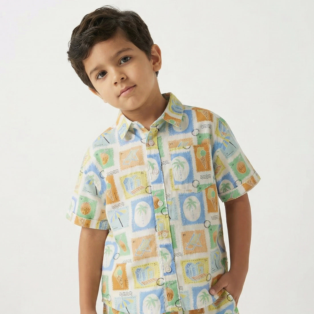 Juniors Collared Short Sleeves Shirt and Shorts Set with Tile Print
