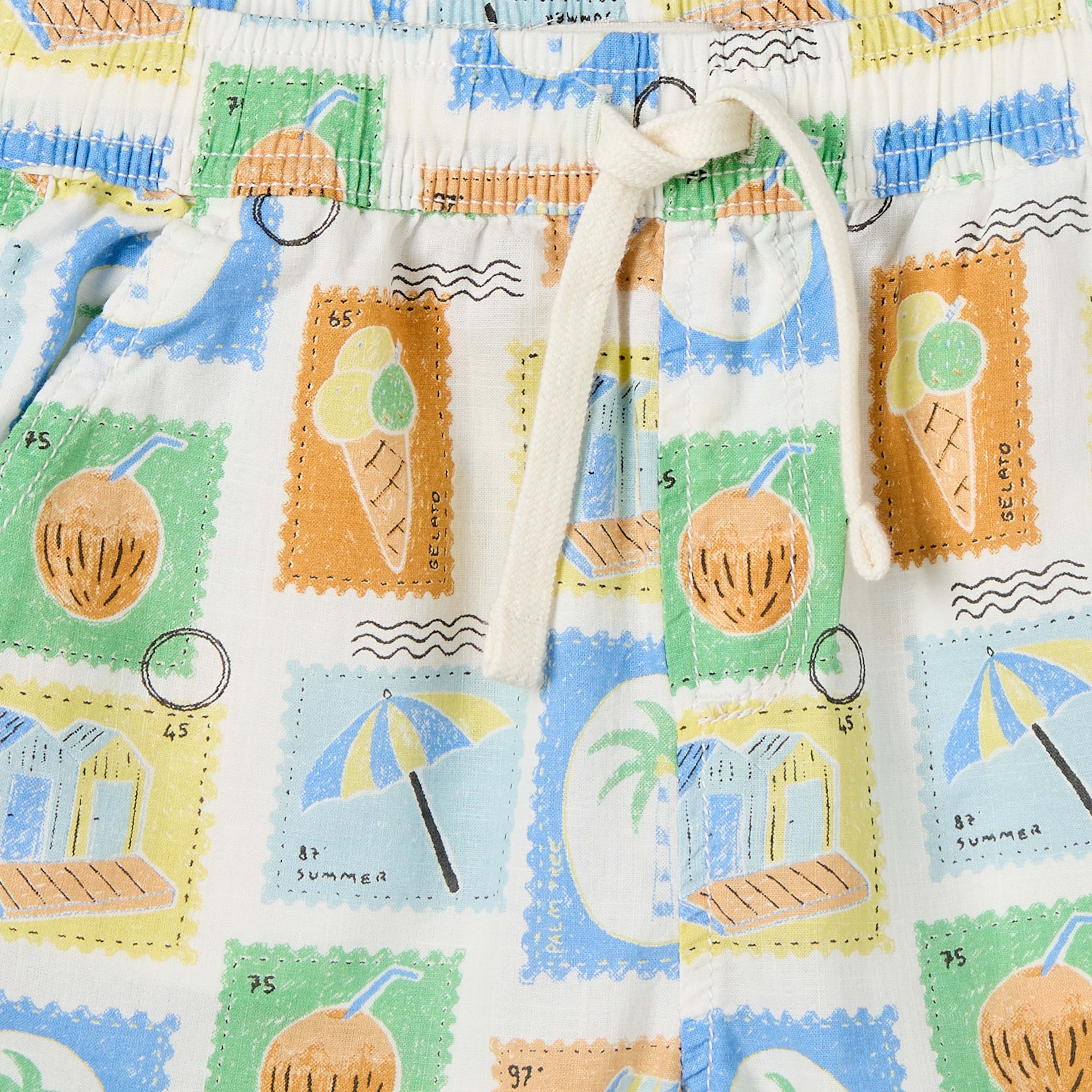 Juniors Collared Short Sleeves Shirt and Shorts Set with Tile Print