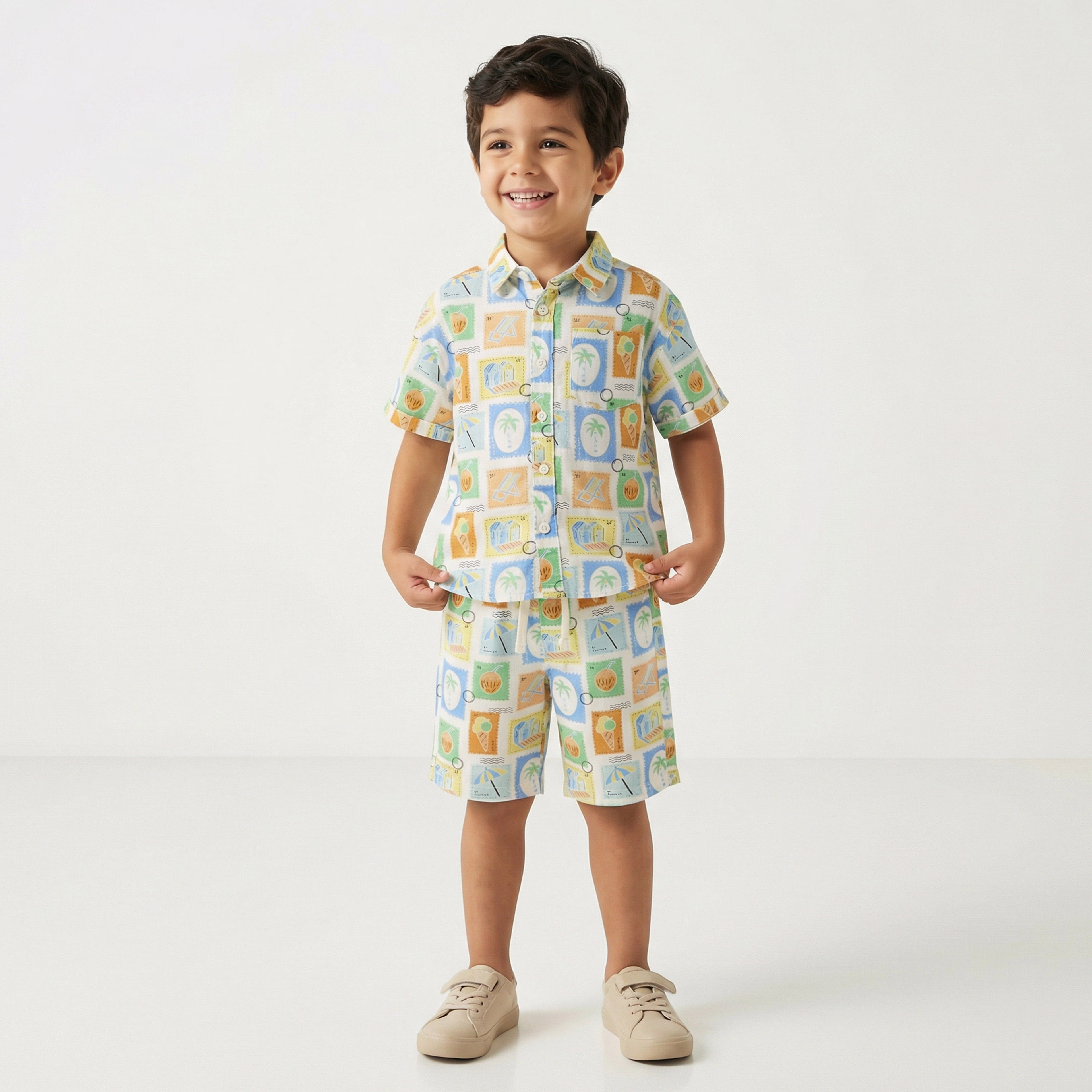 Juniors Collared Short Sleeves Shirt and Shorts Set with Tile Print