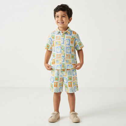 Juniors Collared Short Sleeves Shirt and Shorts Set with Tile Print
