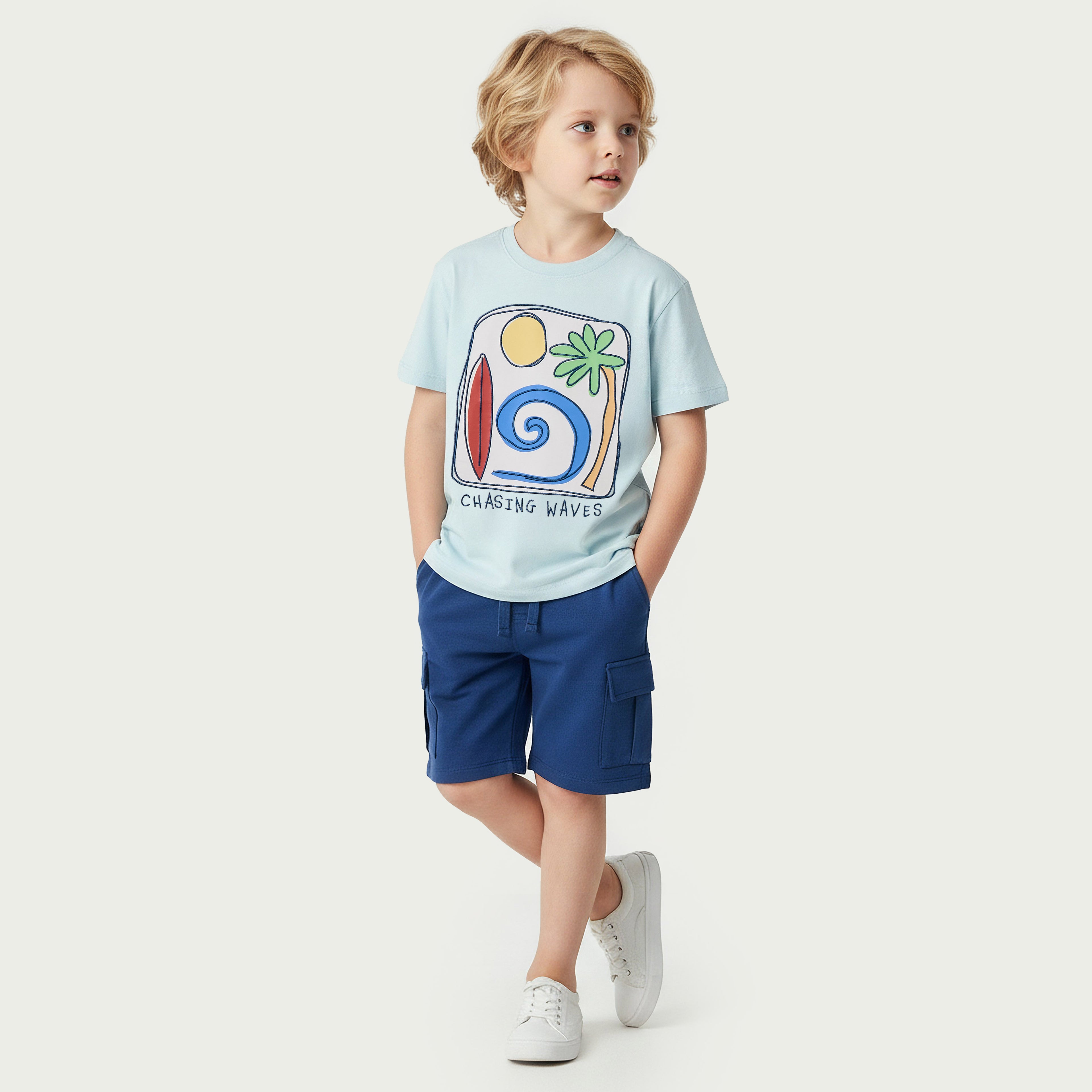 Juniors Crew Neck Short Sleeves T-shirt and Shorts Set with Graphic Print - Blue / 1-2 yrs