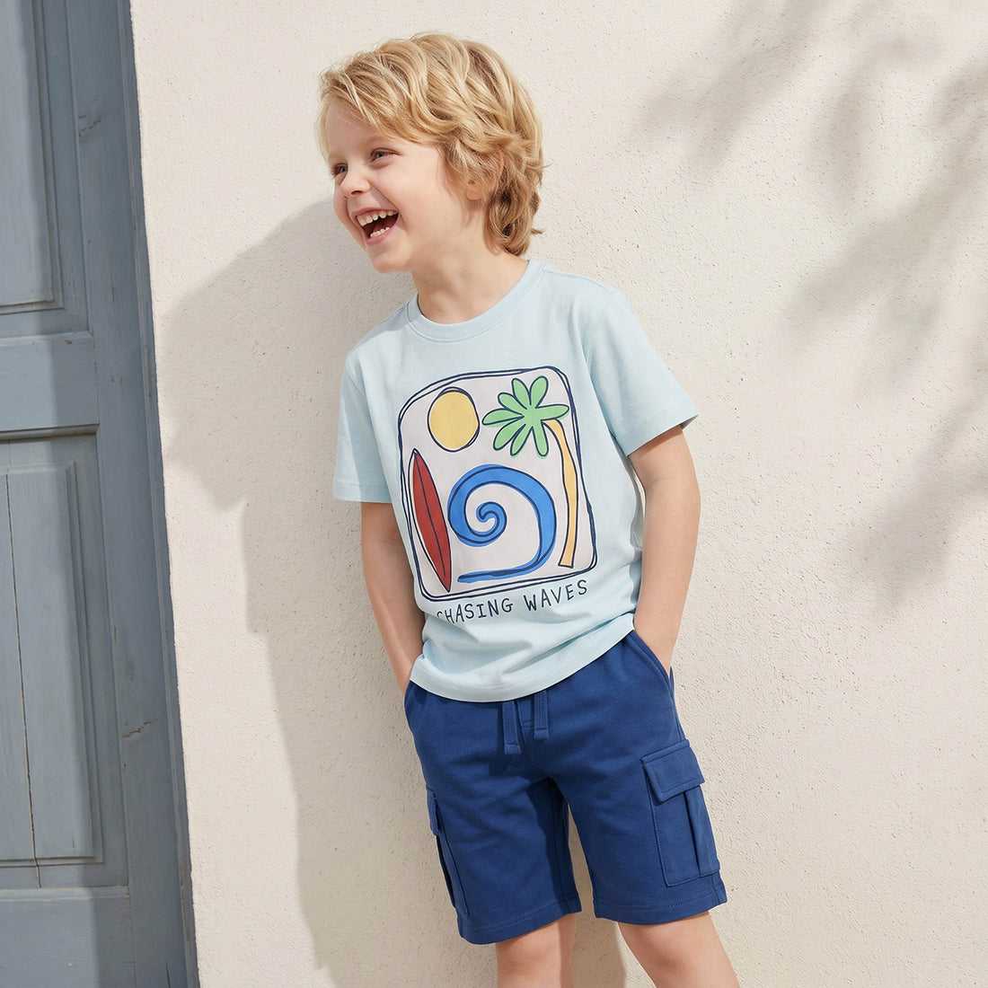 Juniors Crew Neck Short Sleeves T-shirt and Shorts Set with Graphic Print - Blue / 3-4 yrs