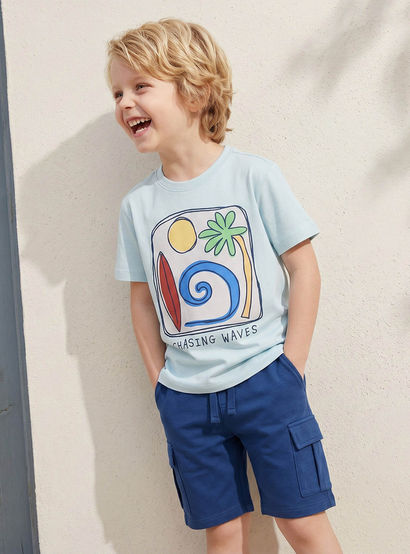 Juniors Crew Neck Short Sleeves T-shirt and Shorts Set with Graphic Print-boys-clothing-setsandcoords-image-1