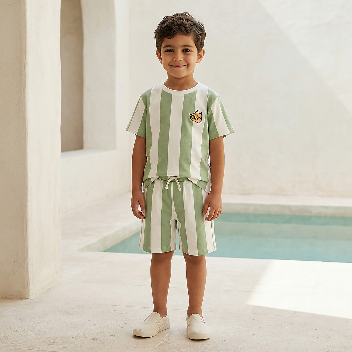 Juniors Crew Neck T-shirt and Shorts Set with Stripes