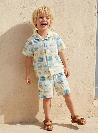 Juniors Camp Collar Short Sleeve Shirt and Shorts Set with Beach Vacation Print-boys-clothing-setsandcoords-image-1