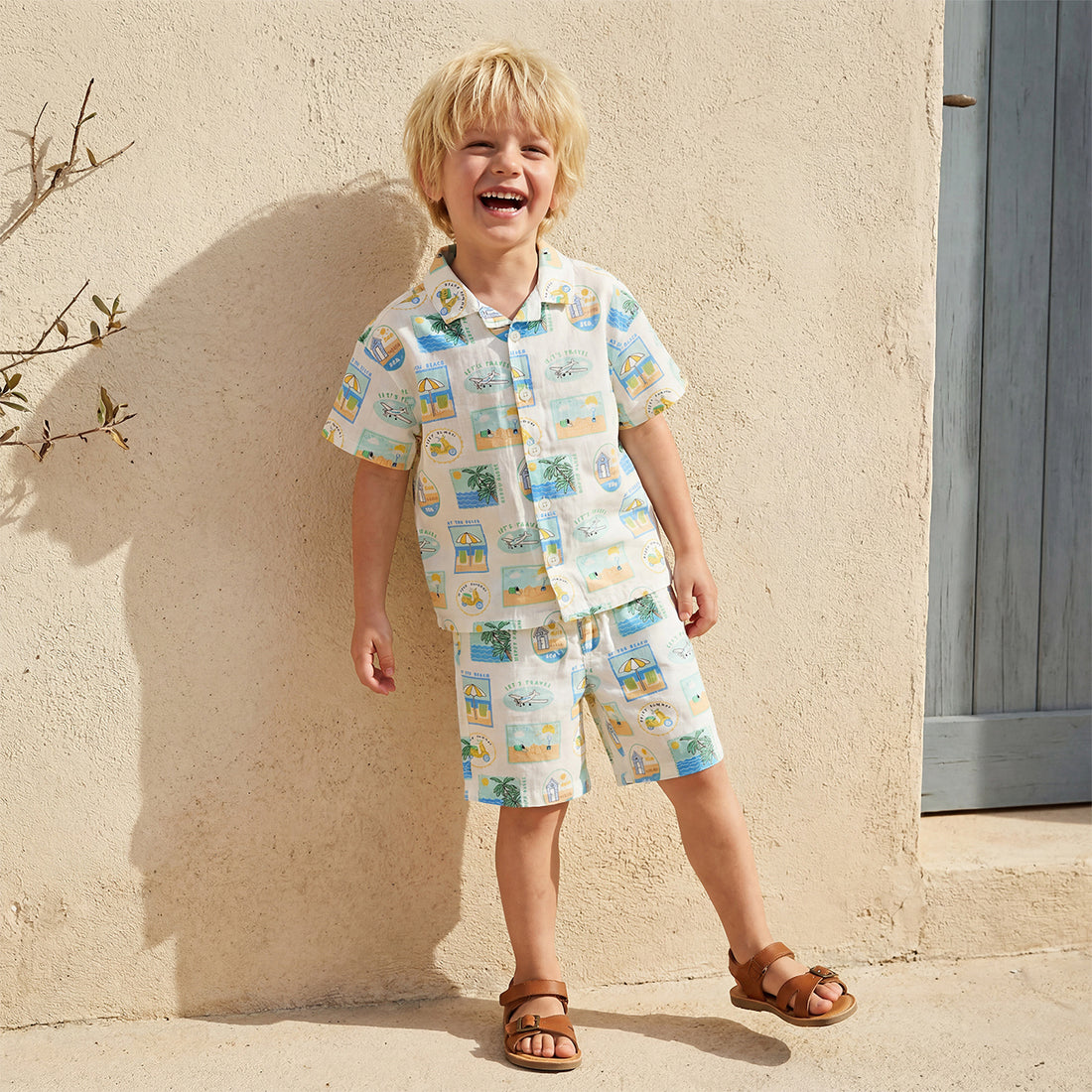 Juniors Camp Collar Short Sleeve Shirt and Shorts Set with Beach Vacation Print - Multicolour / 1-2 yrs