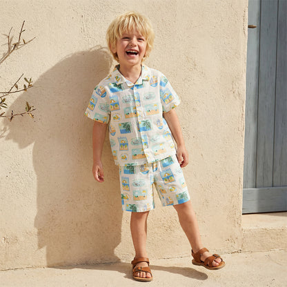 Juniors Camp Collar Short Sleeve Shirt and Shorts Set with Beach Vacation Print - Multicolour / 1-2 yrs