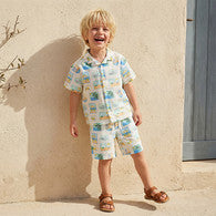 Juniors Camp Collar Short Sleeve Shirt and Shorts Set with Beach Vacation Print-undefined-image-1