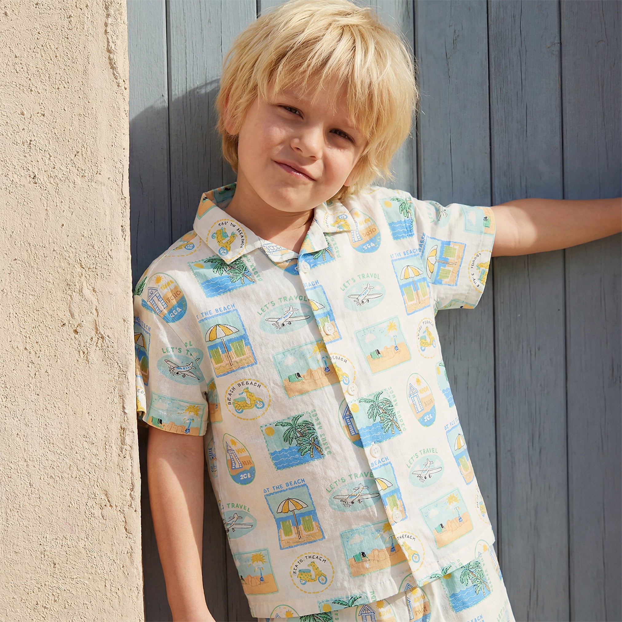Juniors Camp Collar Short Sleeve Shirt and Shorts Set with Beach Vacation Print