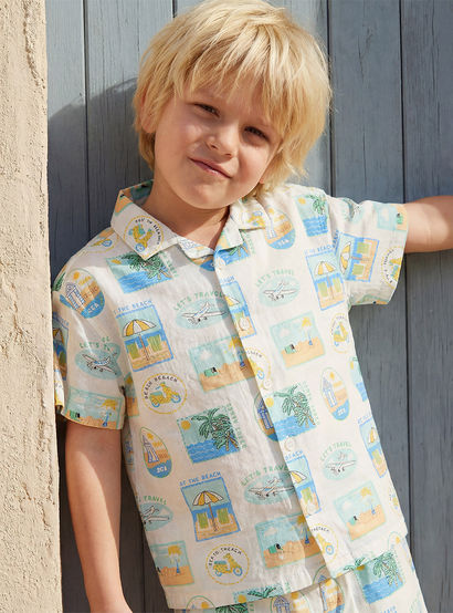 Juniors Camp Collar Short Sleeve Shirt and Shorts Set with Beach Vacation Print-boys-clothing-setsandcoords-image-2