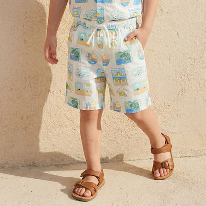 Juniors Camp Collar Short Sleeve Shirt and Shorts Set with Beach Vacation Print