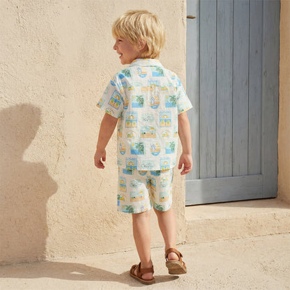 Juniors Camp Collar Short Sleeve Shirt and Shorts Set with Beach Vacation Print