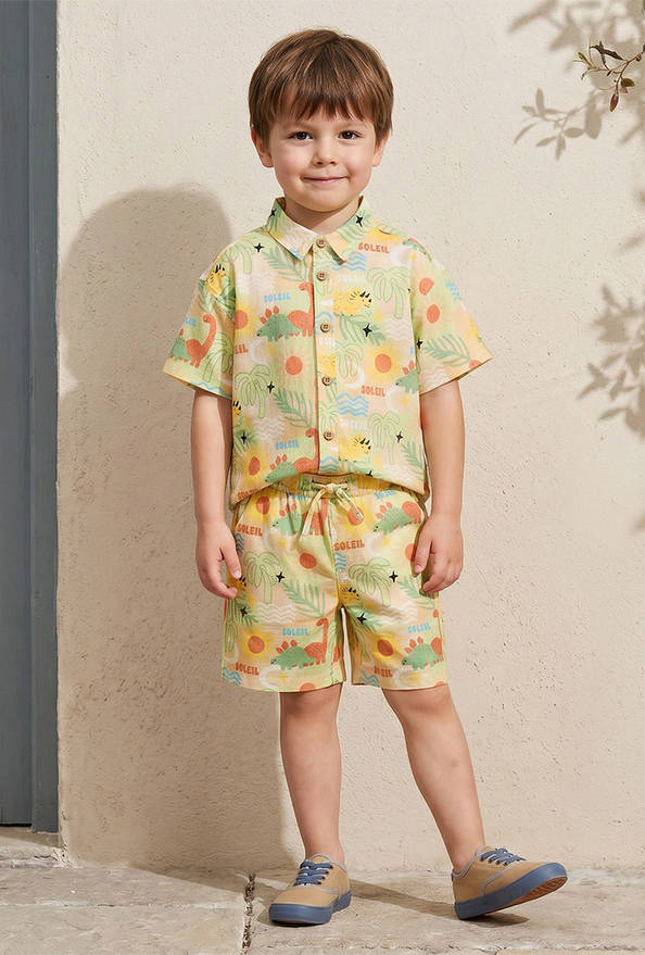 Juniors Collared Short Sleeves Shirt and Shorts Set with Tropical Print