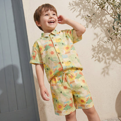 Juniors Collared Short Sleeves Shirt and Shorts Set with Tropical Print