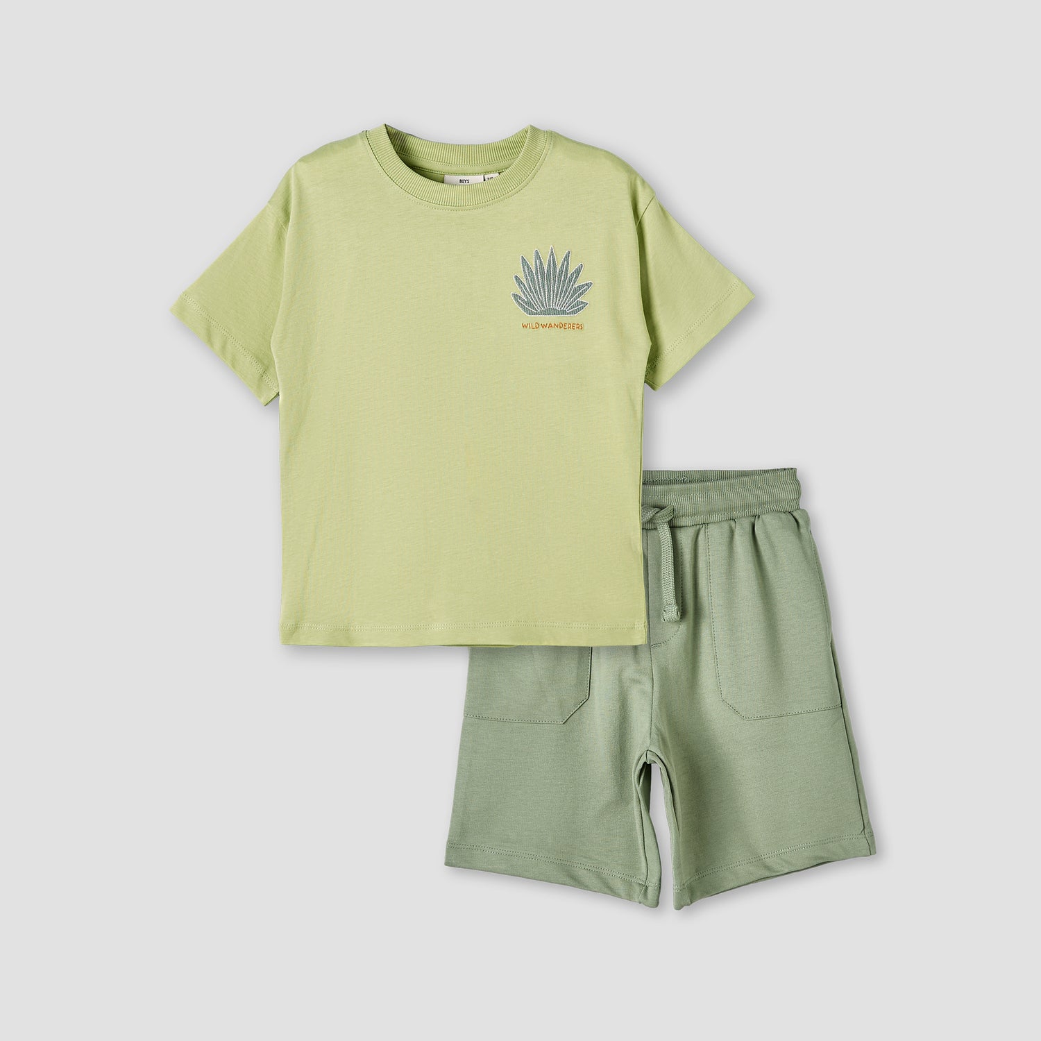 Juniors Crew Neck Short Sleeves T-shirt and Shorts Set with Embroidery - Green / 1-2 yrs