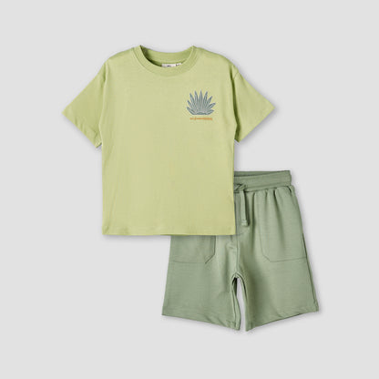 Juniors Crew Neck Short Sleeves T-shirt and Shorts Set with Embroidery - Green / 1-2 yrs
