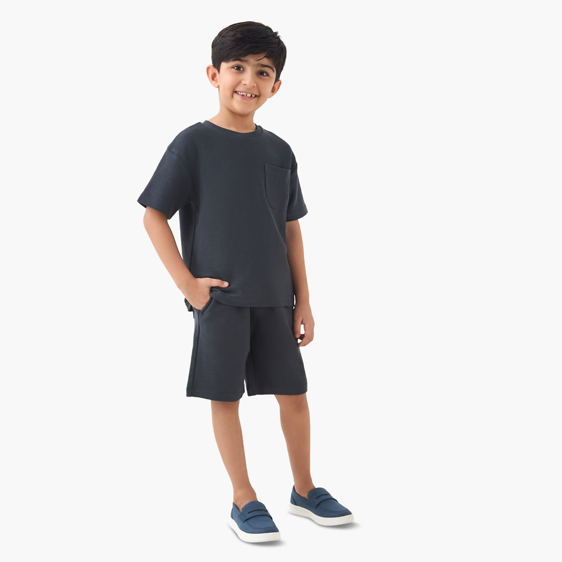Juniors Boys T-shirt and Shorts Set with Textured Detail - Cotton - Short Sleeves - Crew Neck - Grey / 6-7 yrs