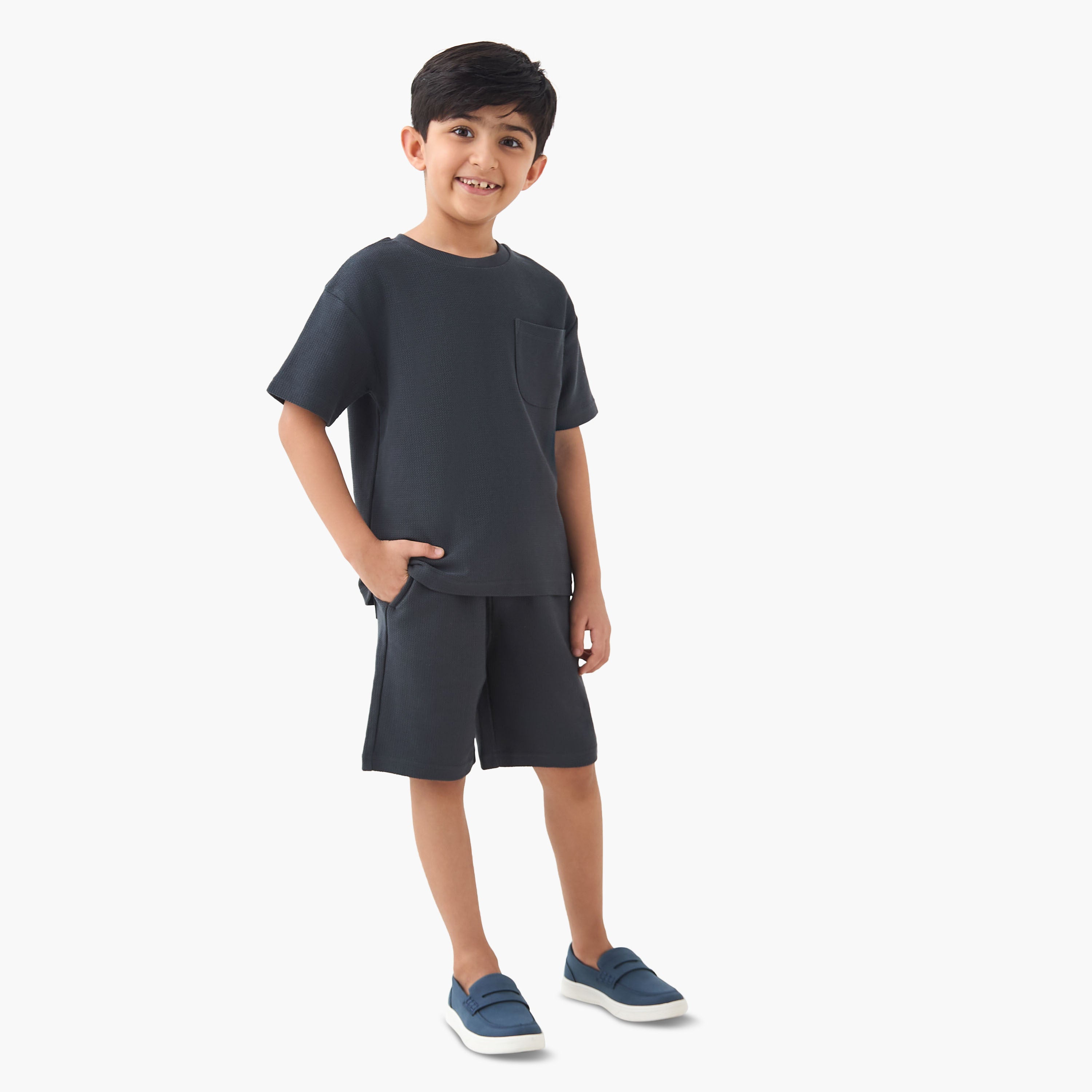 Juniors Boys T-shirt and Shorts Set with Textured Detail - Cotton - Short Sleeves - Crew Neck - Grey / 6-7 yrs