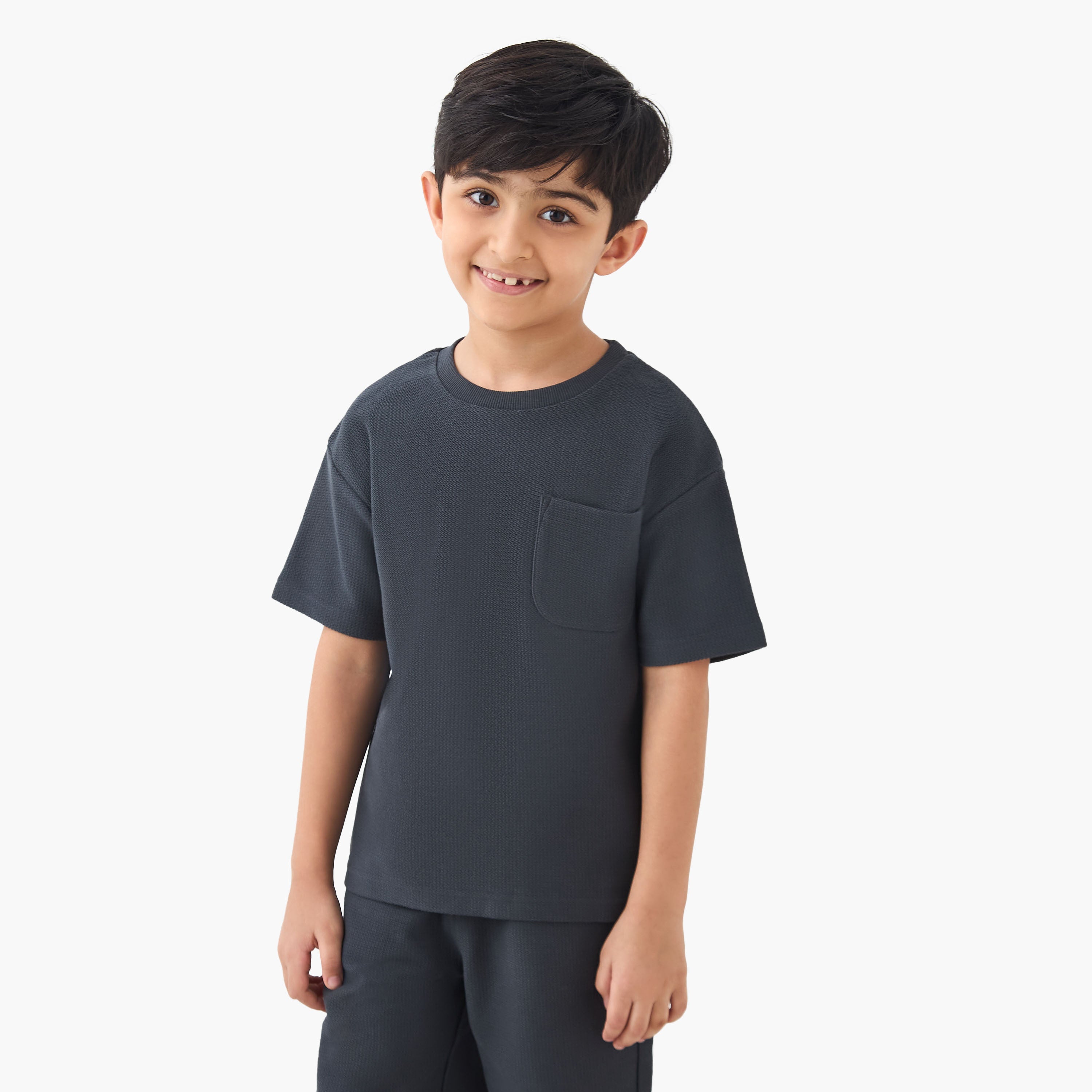 Juniors Boys T-shirt and Shorts Set with Textured Detail - Cotton - Short Sleeves - Crew Neck