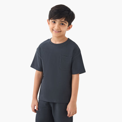 Juniors Boys T-shirt and Shorts Set with Textured Detail - Cotton - Short Sleeves - Crew Neck