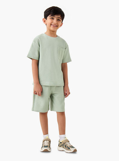Juniors Boys T-shirt and Shorts Set with Textured Detail - Cotton - Short Sleeves - Crew Neck-boys-clothing-setsandcoords-image-1