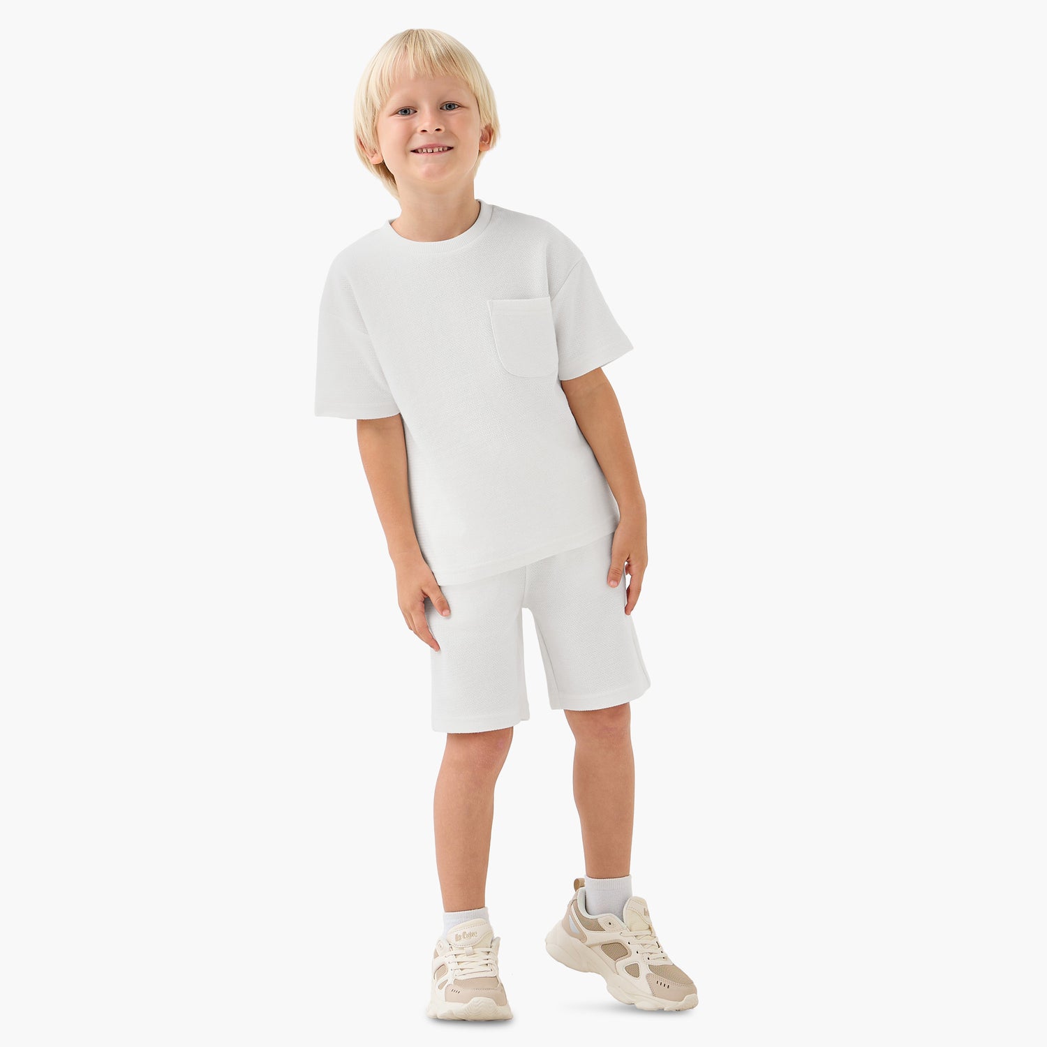 Juniors Boys T-shirt and Shorts Set with Textured Detail - Cotton - Short Sleeves - Crew Neck
