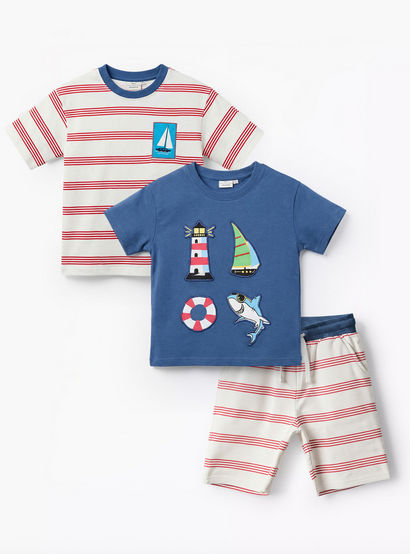 Set of 3 Juniors Crew Neck Short Sleeve T-shirt and Shorts Set with Applique Accent-boys-clothing-setsandcoords-image-1