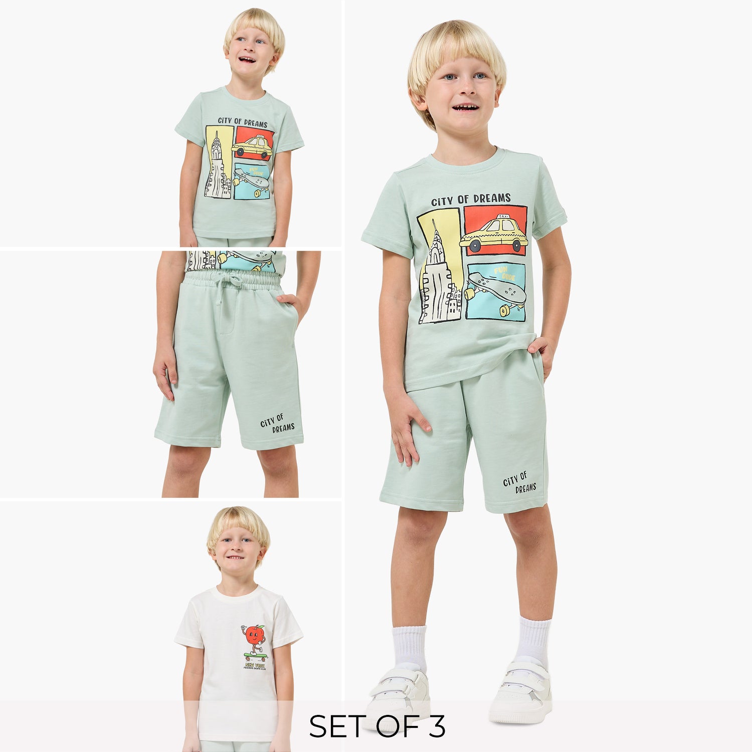 Set of 3 Juniors Crew Neck Short Sleeves T-shirt and Shorts Set with New York Print - Multicolour / 6-7 yrs