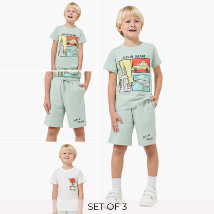 Set of 3 Juniors Crew Neck Short Sleeves T-shirt and Shorts Set with New York Print - Multicolour / 6-7 yrs