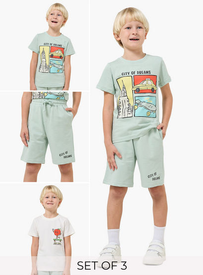 Set of 3 Juniors Crew Neck Short Sleeves T-shirt and Shorts Set with New York Print-boys-clothing-setsandcoords-image-1