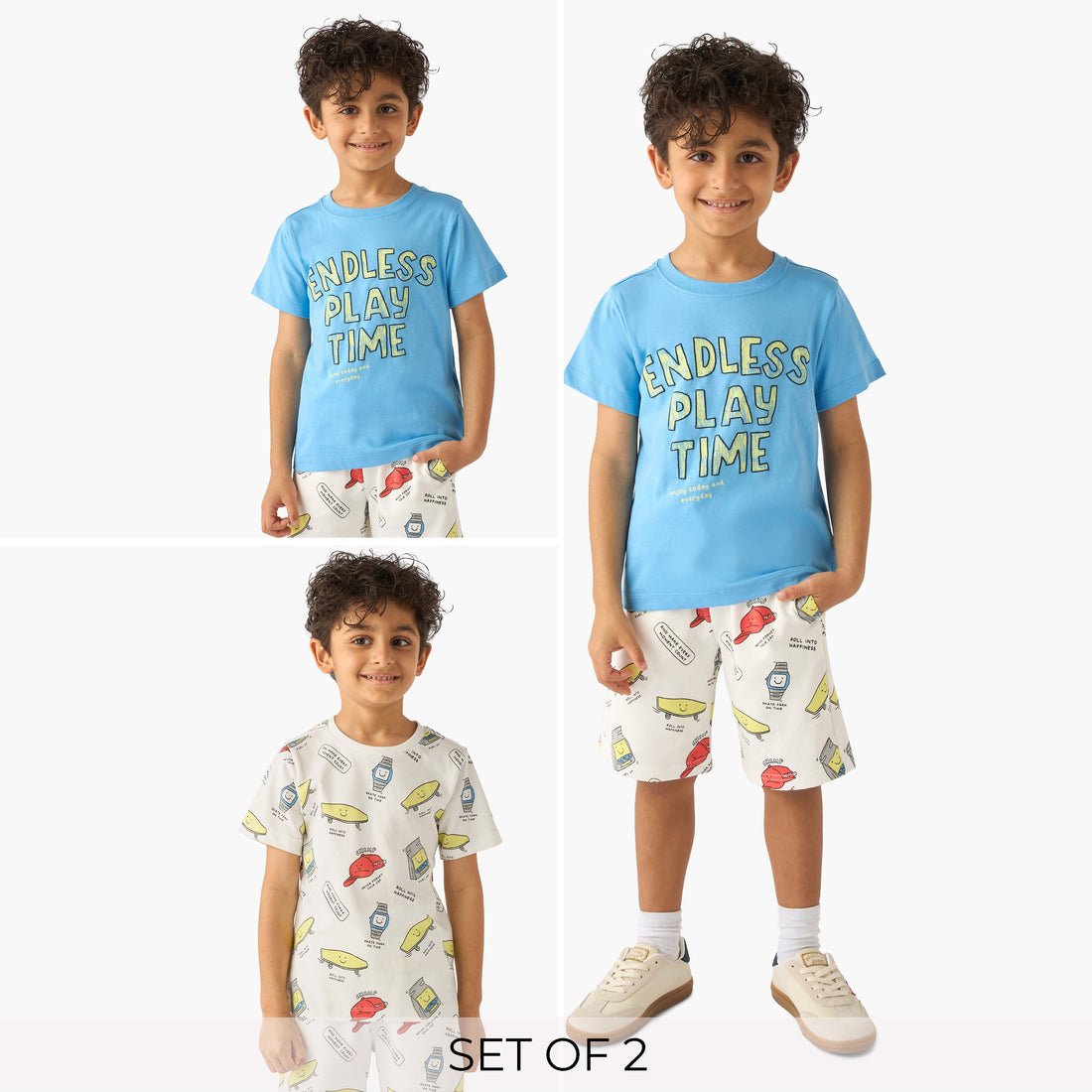 Set of 3 Juniors Crew Neck Short Sleeve T-shirt and Shorts Set with Print - Multicolour / 7-8 yrs